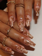 Handmade 3D Gold Chrome Butterfly Floral Nude Luxury Elegance Press on Nails B08
