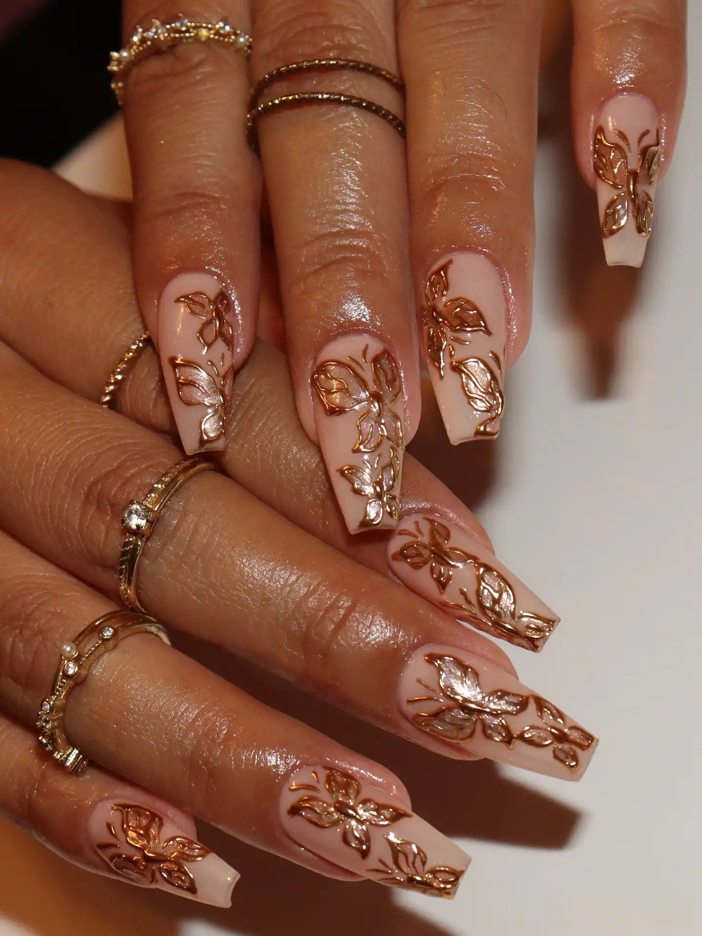Handmade 3D Gold Chrome Butterfly Floral Nude Luxury Elegance Press on Nails B08