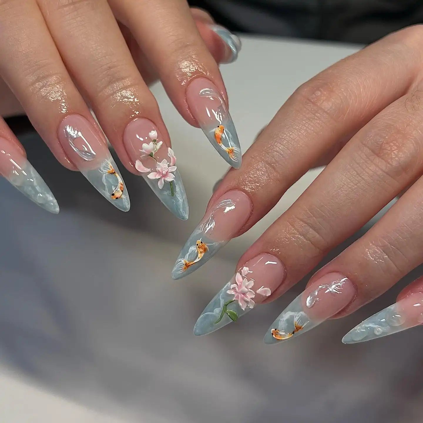 Handmade 3D Koi Fish Japan Blossom Press on Nails Q84