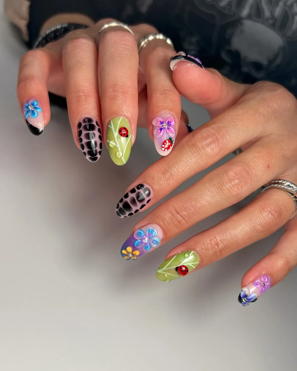 Handmade 3D Ladybug Floral Cherry Artistic Press on Nails G60