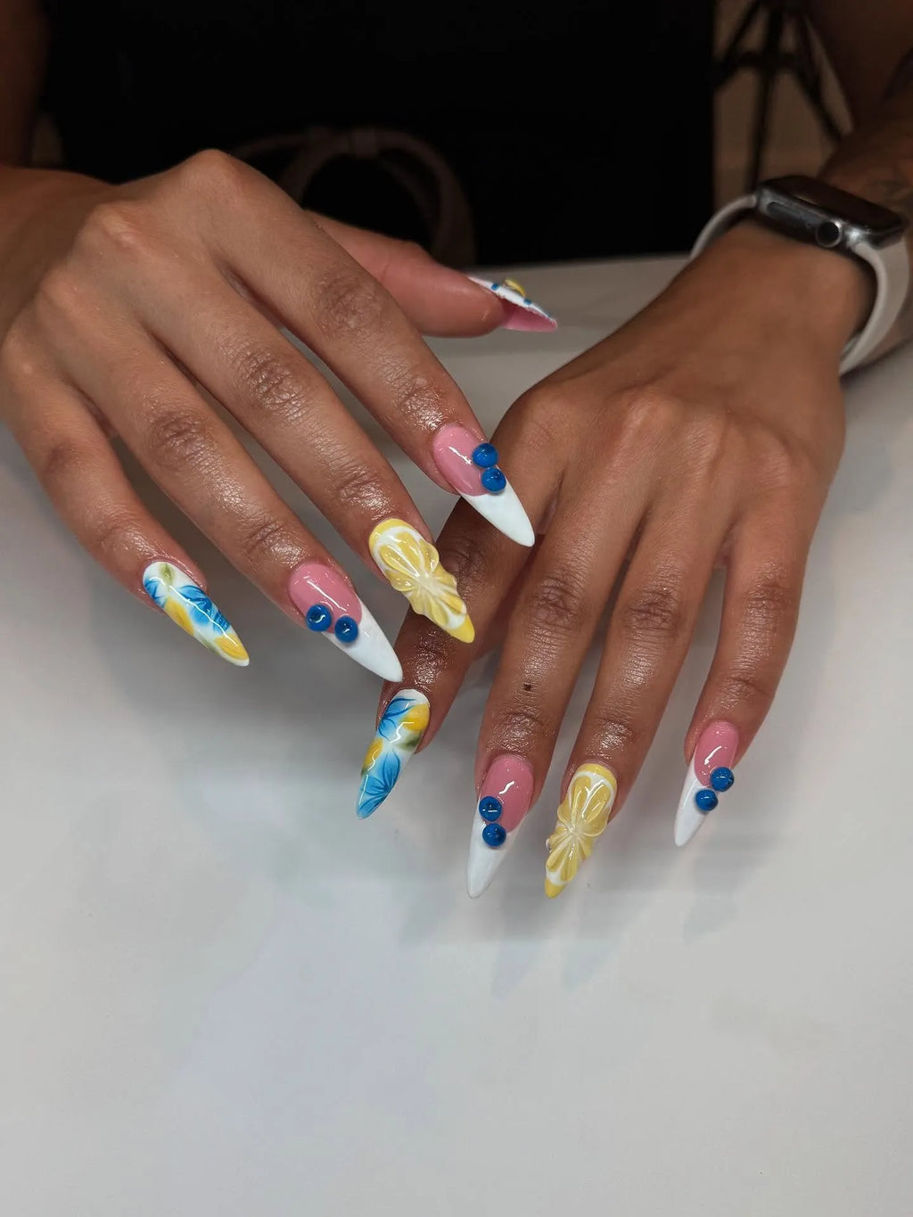 Handmade 3D Lemon Blueberry Fruit Summer Floral White Tip Press on Nails C00