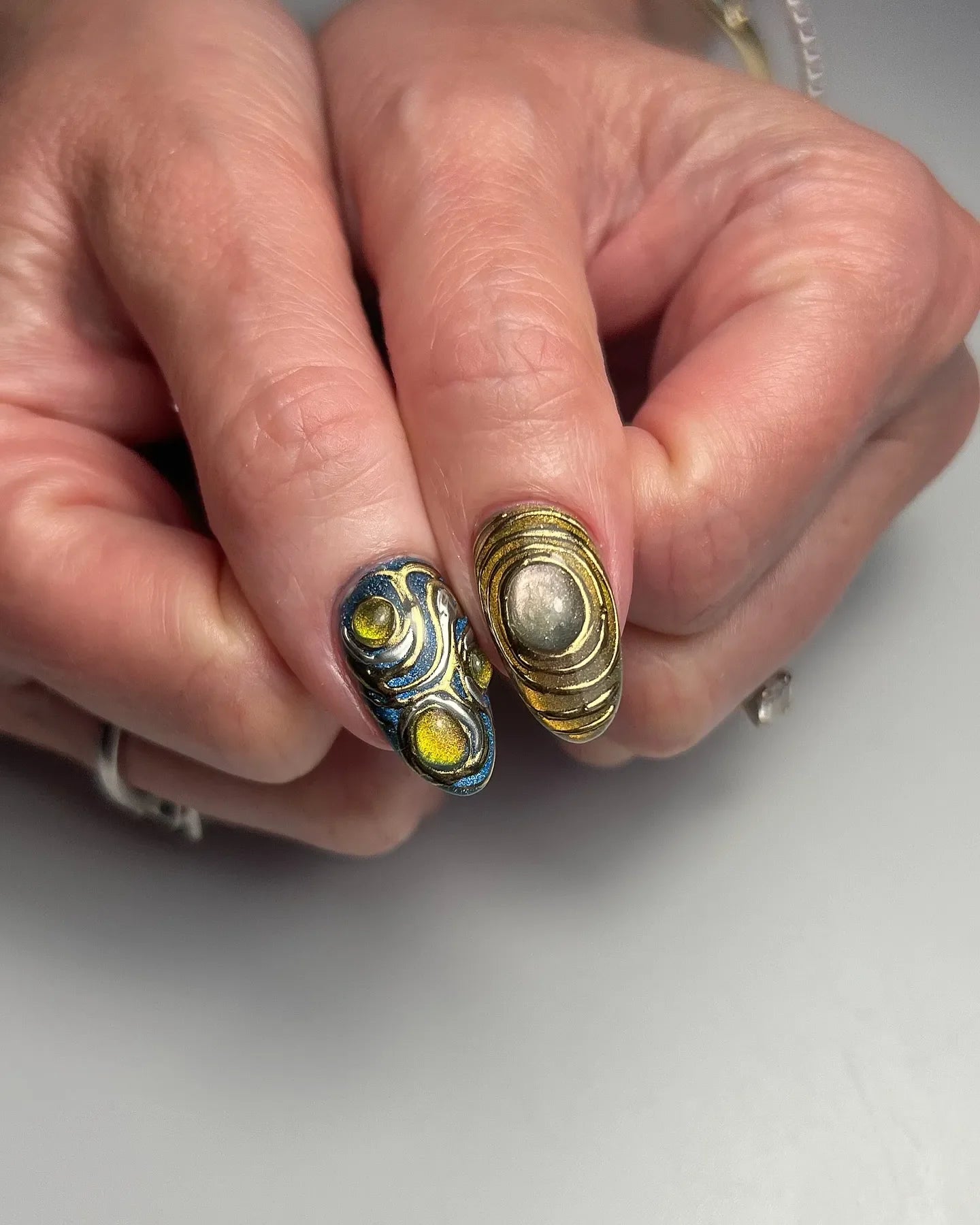 Handmade 3D Metallic Ancient Artifact Gemstone Chrome Press on Nails G32