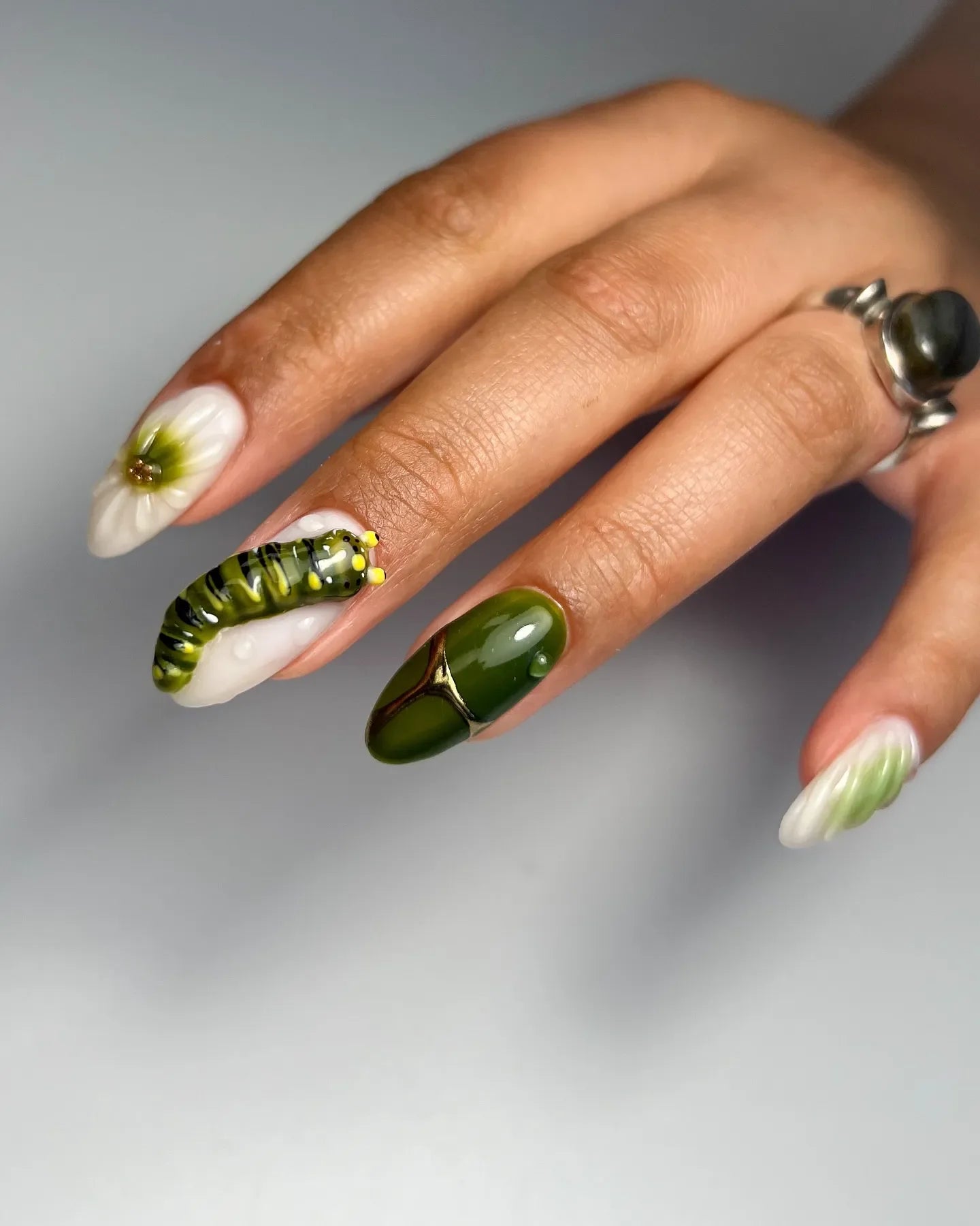 Handmade 3D Mushroom Caterpillar Forest Nature Green Brown Press on Nails M42