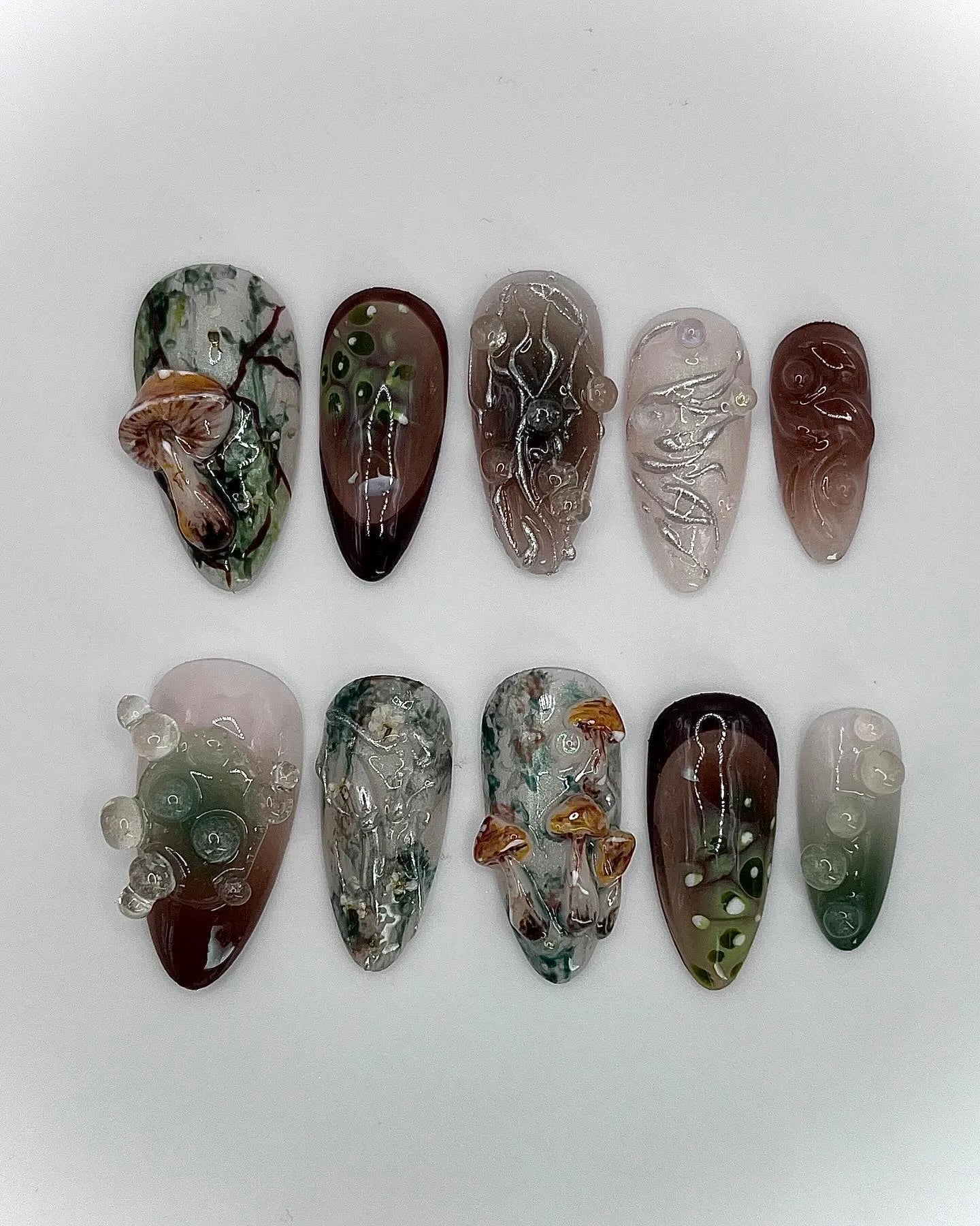 Handmade 3D Mushroom Moss Green Earth Tone Dark Press on Nails E20