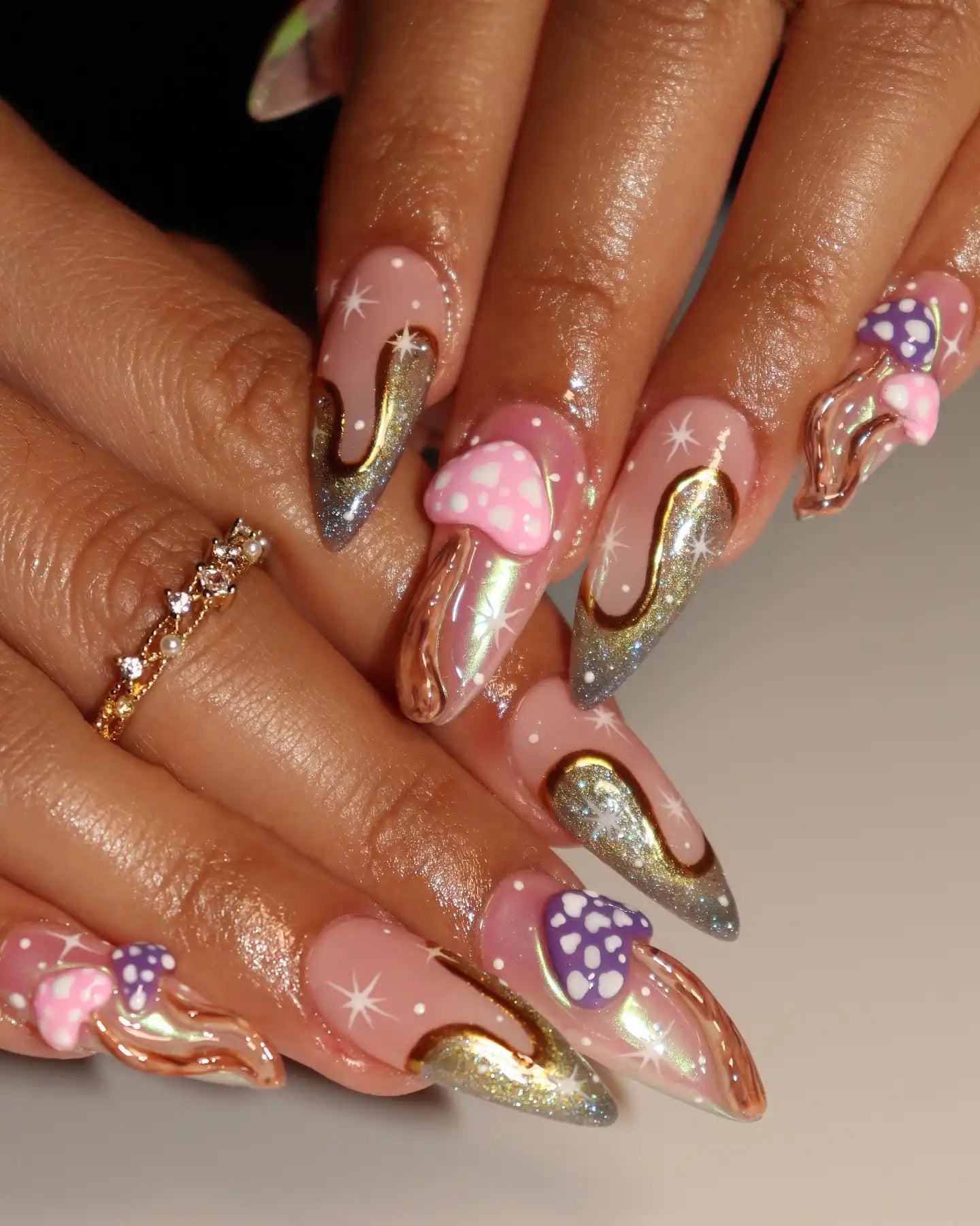 Handmade 3D Mushroom Pink Chrome Star Dust Press on Nails X91