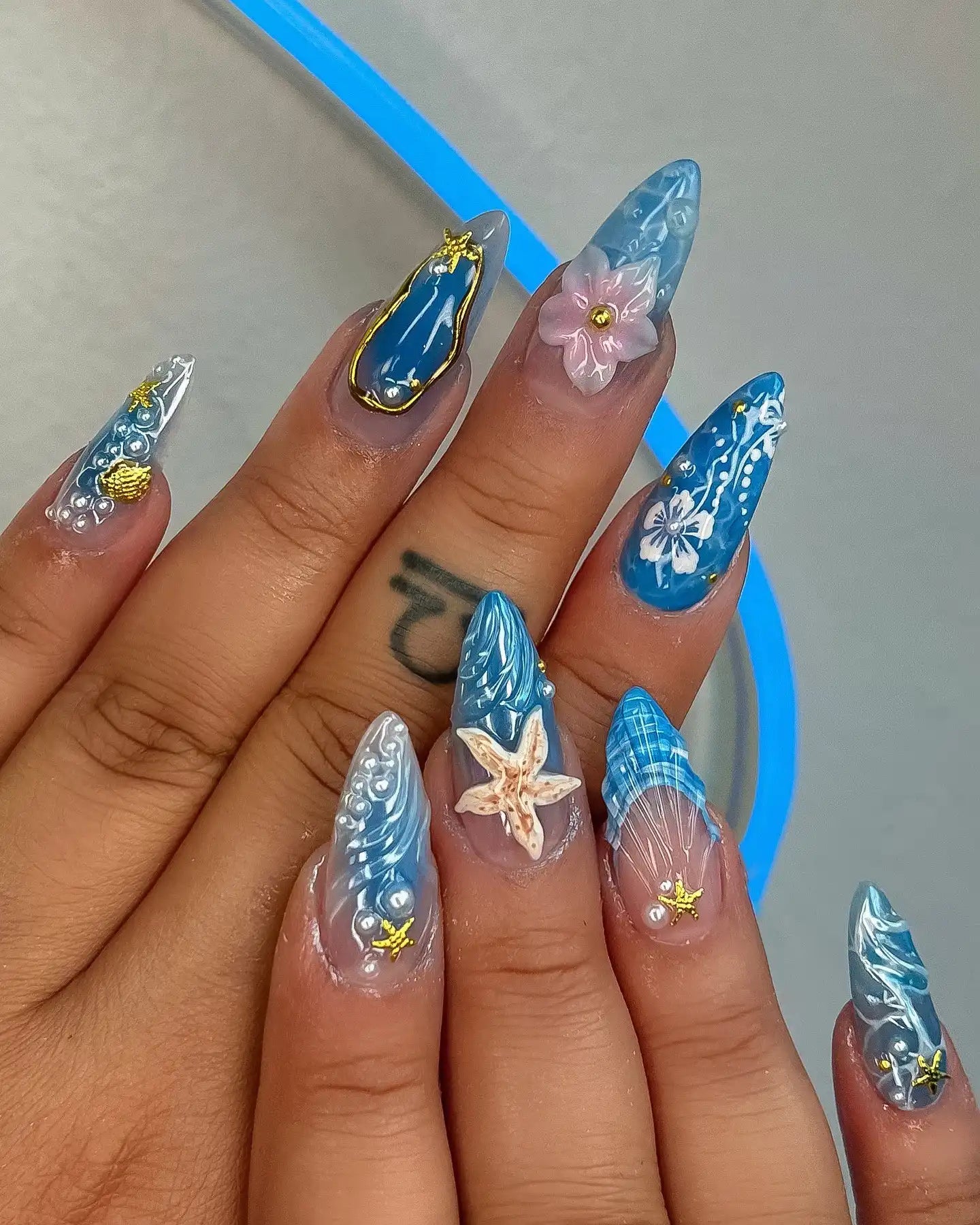 Handmade 3D Ocean Bloom Starfish Seashell Blue Summer Reusable Press on Nails P70