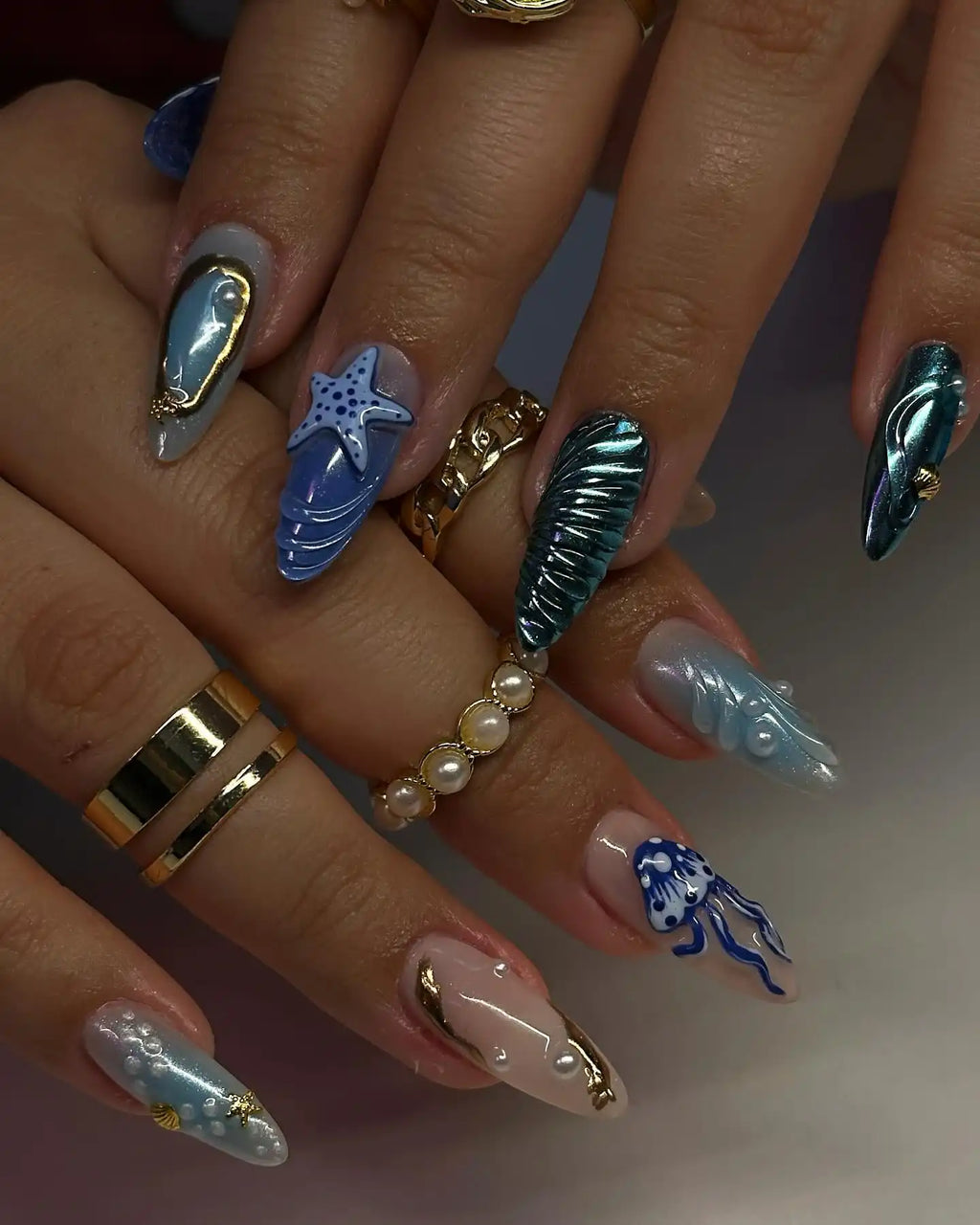 Handmade 3D Ocean Seashell and Starfish Design for Summer Press on Nails E86