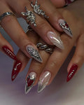 Handmade 3D Pearl Chrome and Red Gothic Heart Press on Nails A24