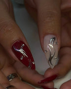 Handmade 3D Pearl Chrome and Red Gothic Heart Press on Nails A24