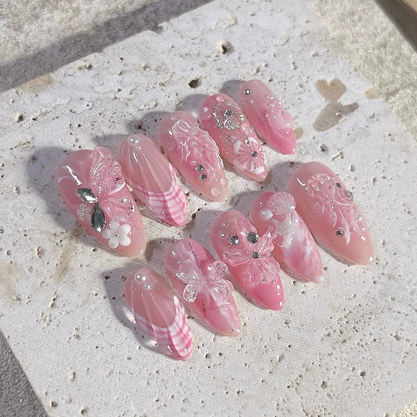 Handmade 3D Pink Butterfly Sea Shell Floral Pearl Gem Press on Nails Y87