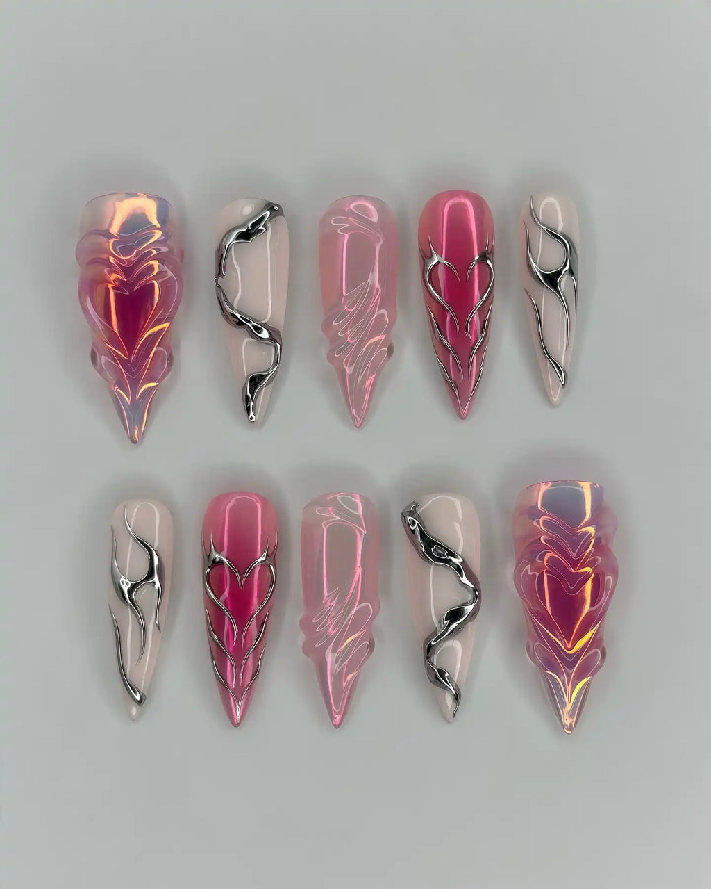 Handmade 3D Pink Chrome Heart Snake Y2K Reusable Press on Nails N12