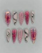 Handmade 3D Pink Chrome Heart Snake Y2K Reusable Press on Nails N12