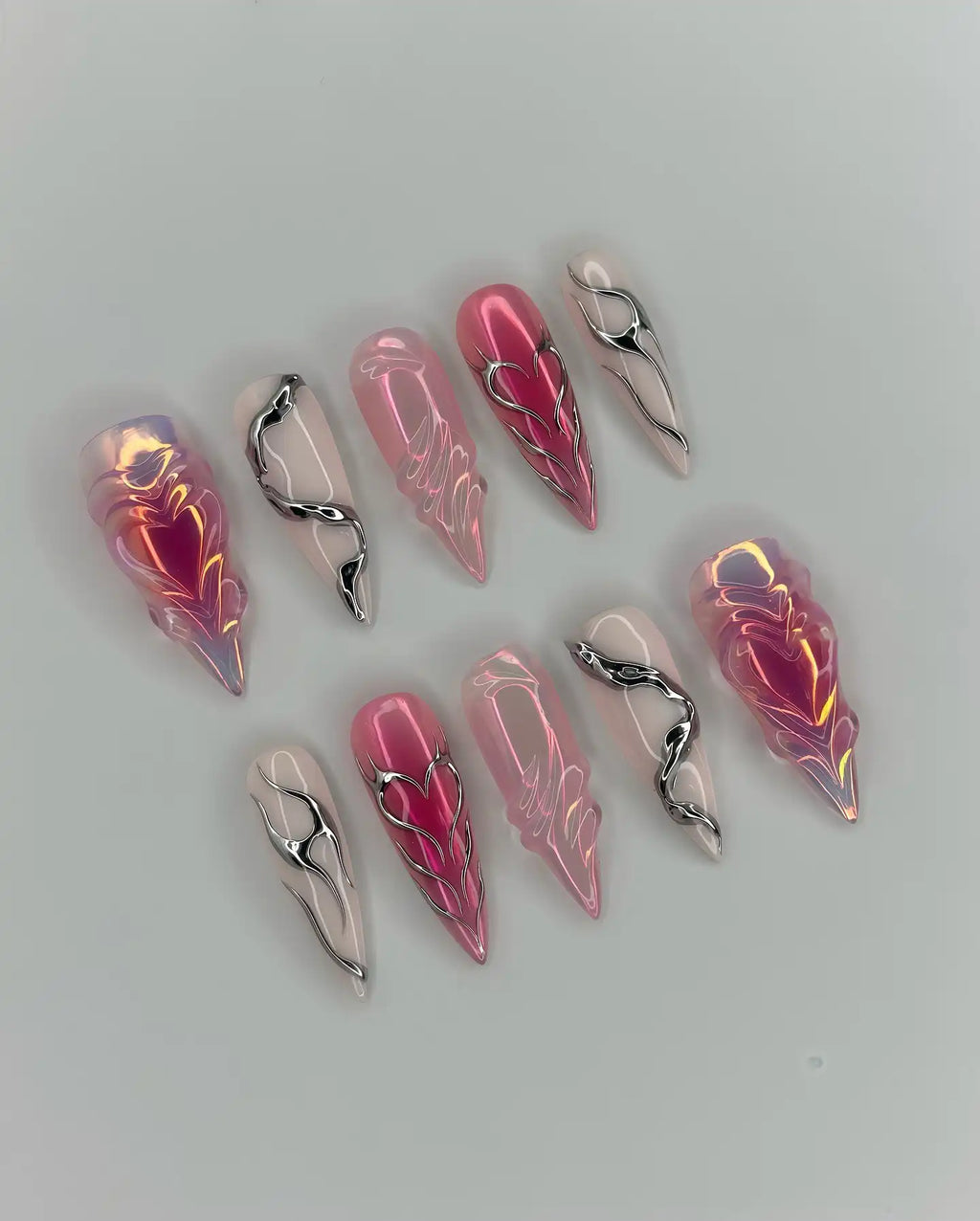 Handmade 3D Pink Chrome Heart Snake Y2K Reusable Press on Nails N12