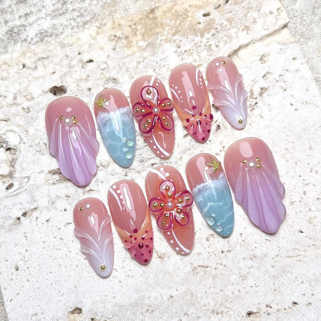 Handmade 3D Pink Sea Shell Hibiscus Ocean Beach Theme Press on Nails E31