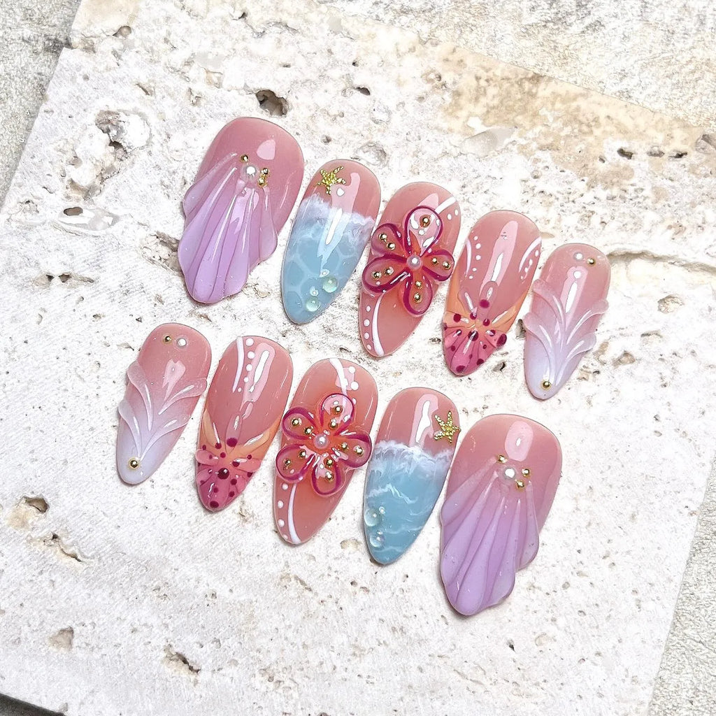 Handmade 3D Pink Sea Shell Hibiscus Ocean Beach Theme Press on Nails E31