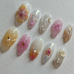 Handmade 3D Pink Yellow Flower Pearl Seashell Spring Press on Nails M09