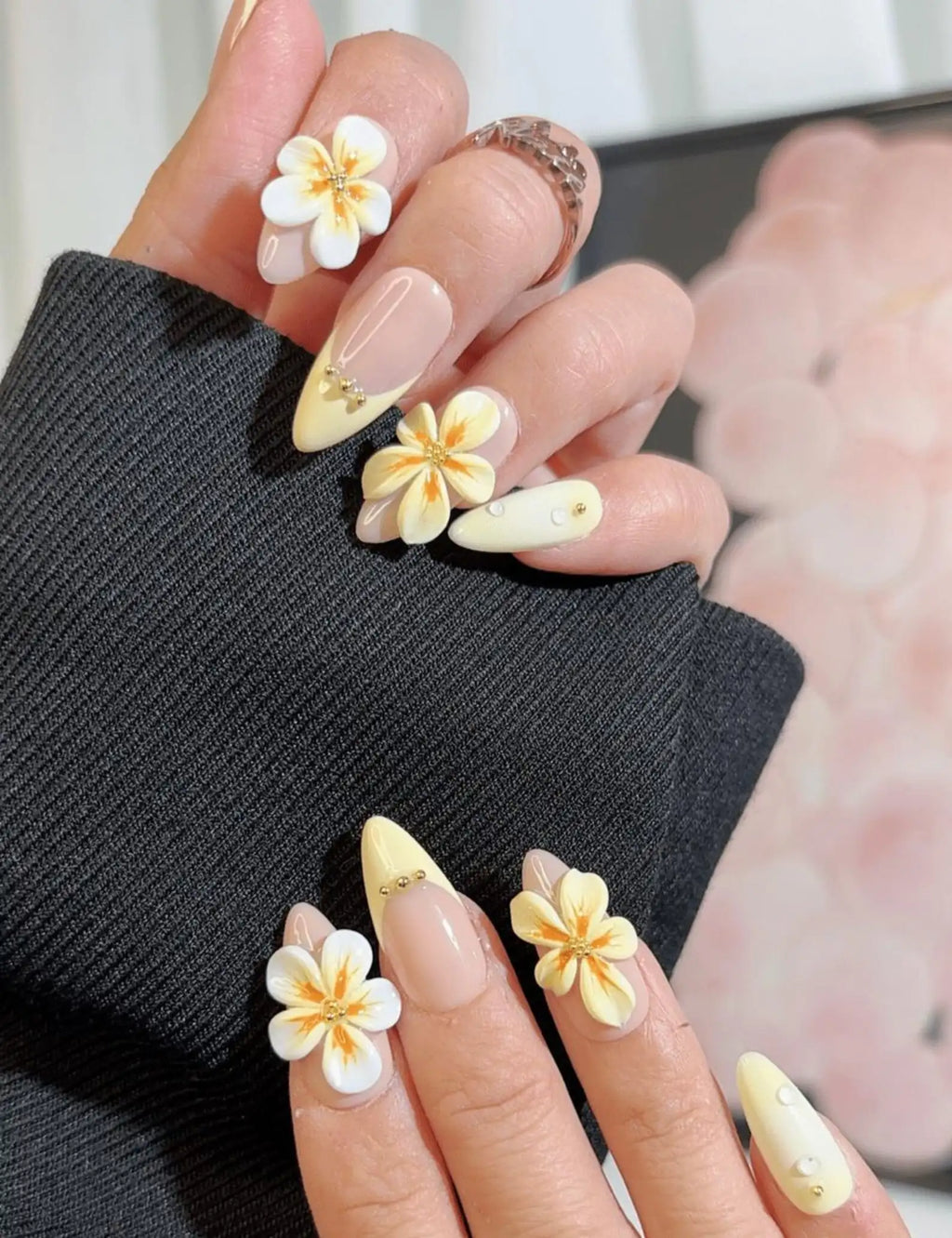 Handmade 3D Plumeria Flower Yellow French Tip Summer Press on Nails Z08