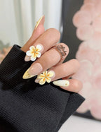 Handmade 3D Plumeria Flower Yellow French Tip Summer Press on Nails Z08