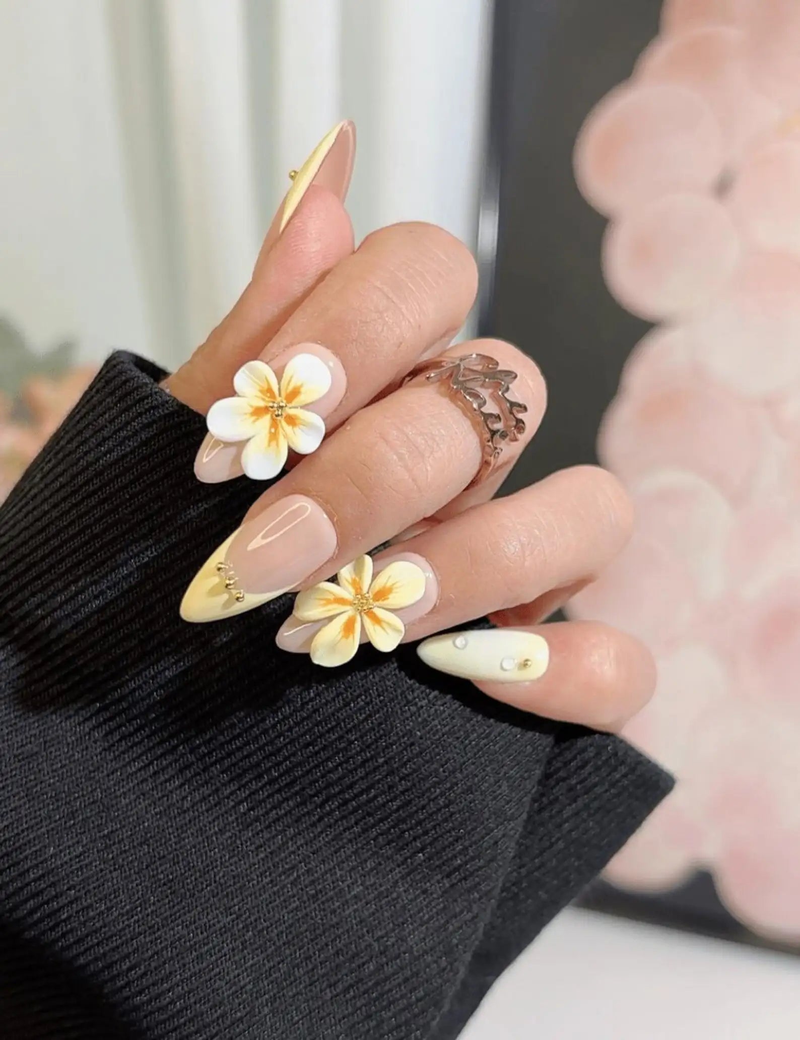 Handmade 3D Plumeria Flower Yellow French Tip Summer Press on Nails Z08
