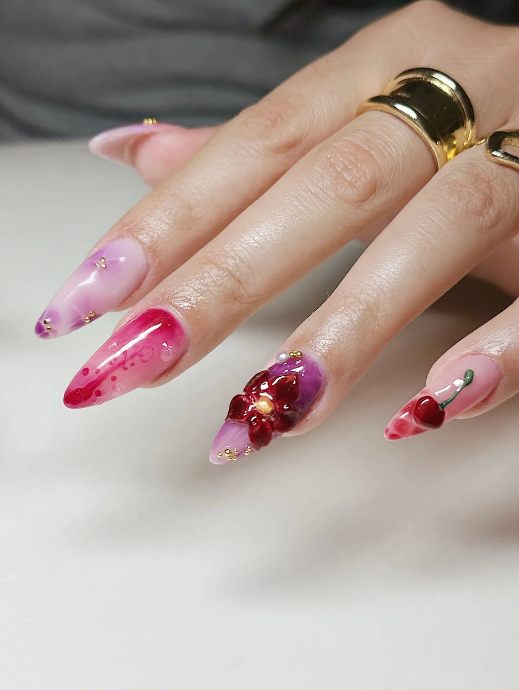 Handmade 3D Purple Floral Art Gold Wave Chrome Pearl Press on Nails U77
