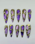 Handmade 3D Purple Galaxy Gold Chrome Iridescent Fantasy Press on Nails C15
