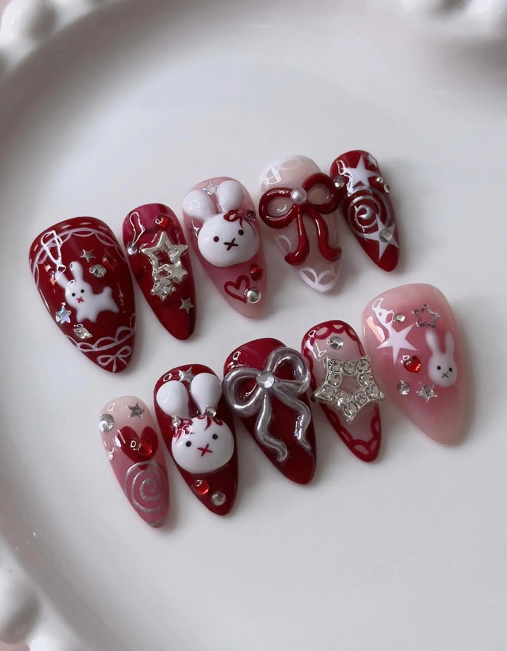 Handmade 3D Red Bunny Bow Star Cute Kawaii Holiday Press on Nails C61