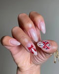 Handmade 3D Red Ribbon Bow Jewel Gemstone Festive Pink Press on Nails Z03