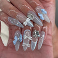 Handmade 3D Ribbon White and Light Blue Diamond Press on Nails N87