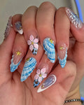 Handmade 3D Seashell Floral Plaid Blue Summer Beach Press on Nails Y88