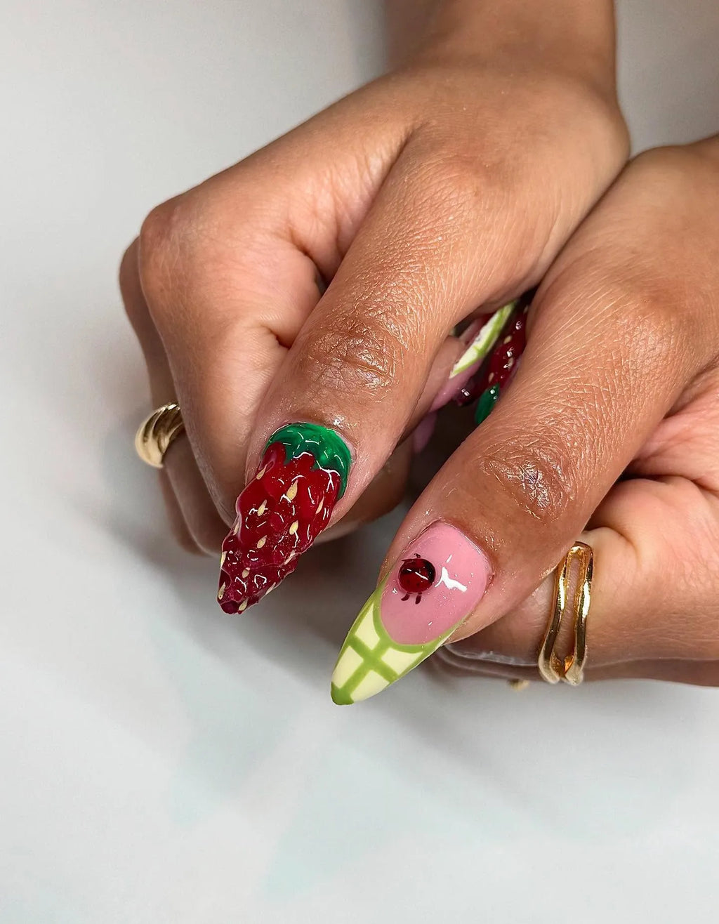Handmade 3D Strawberry Ladybug Gingham Plaid Fruit Summer Press on Nails C76