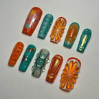 Handmade Abstract Citrus Star Teal Ocean Water Drop Press on Nails E14