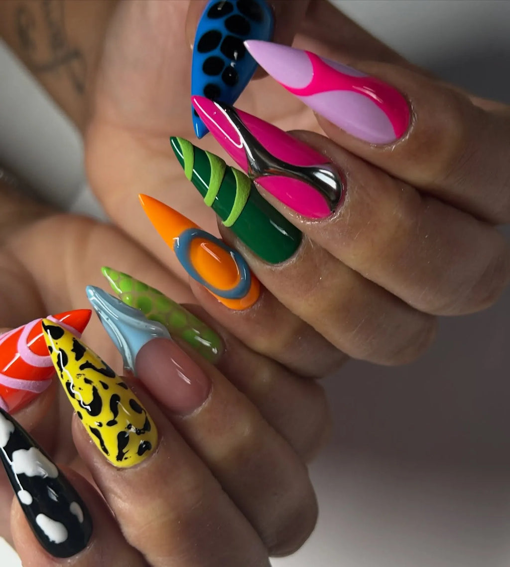 Handmade Abstract Neon Multi-Pattern 3D Chrome Press on Nails W16