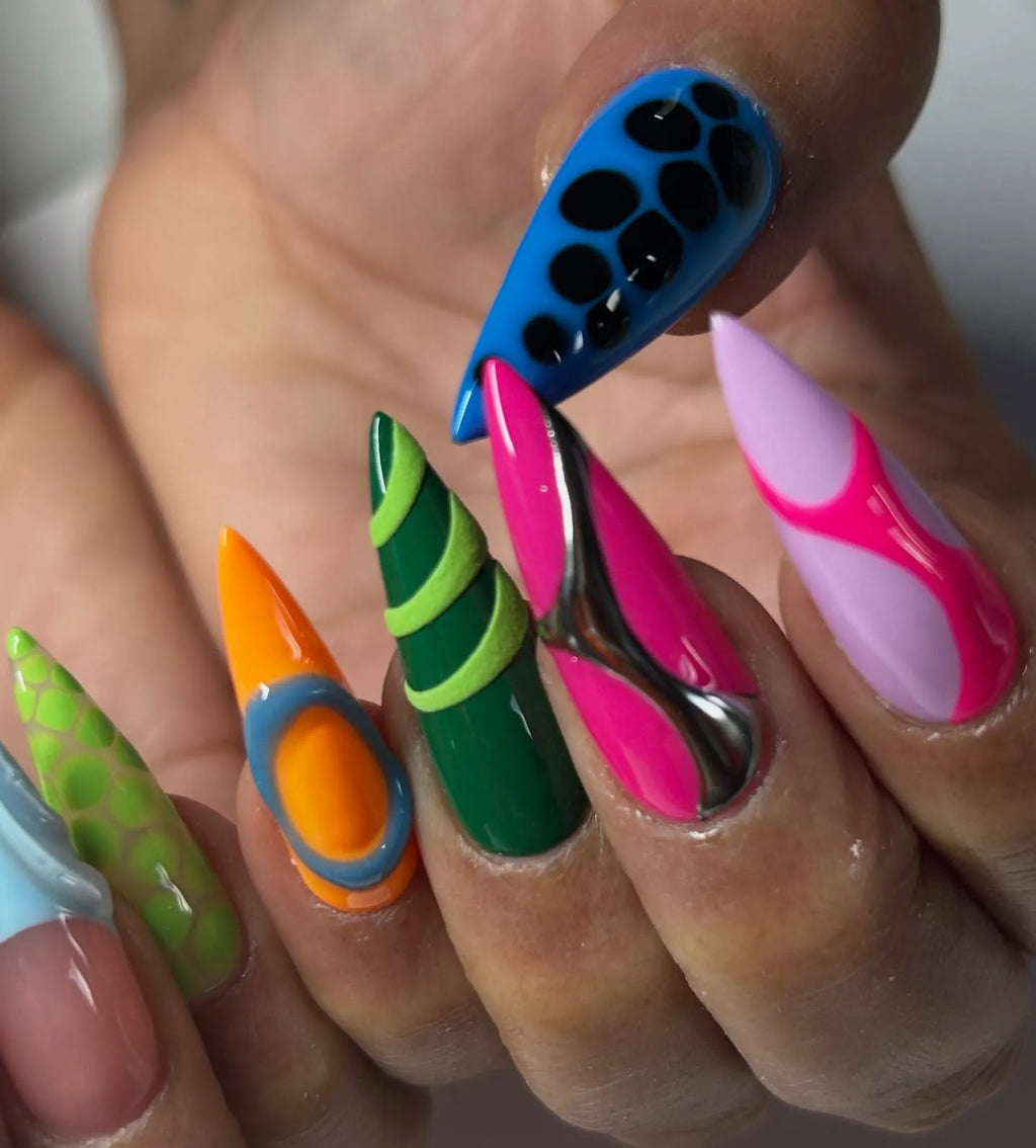 Handmade Abstract Neon Multi-Pattern 3D Chrome Press on Nails W16
