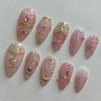 Handmade Baroque Gold Pink Rhinestone Elegant Press on Nails M21