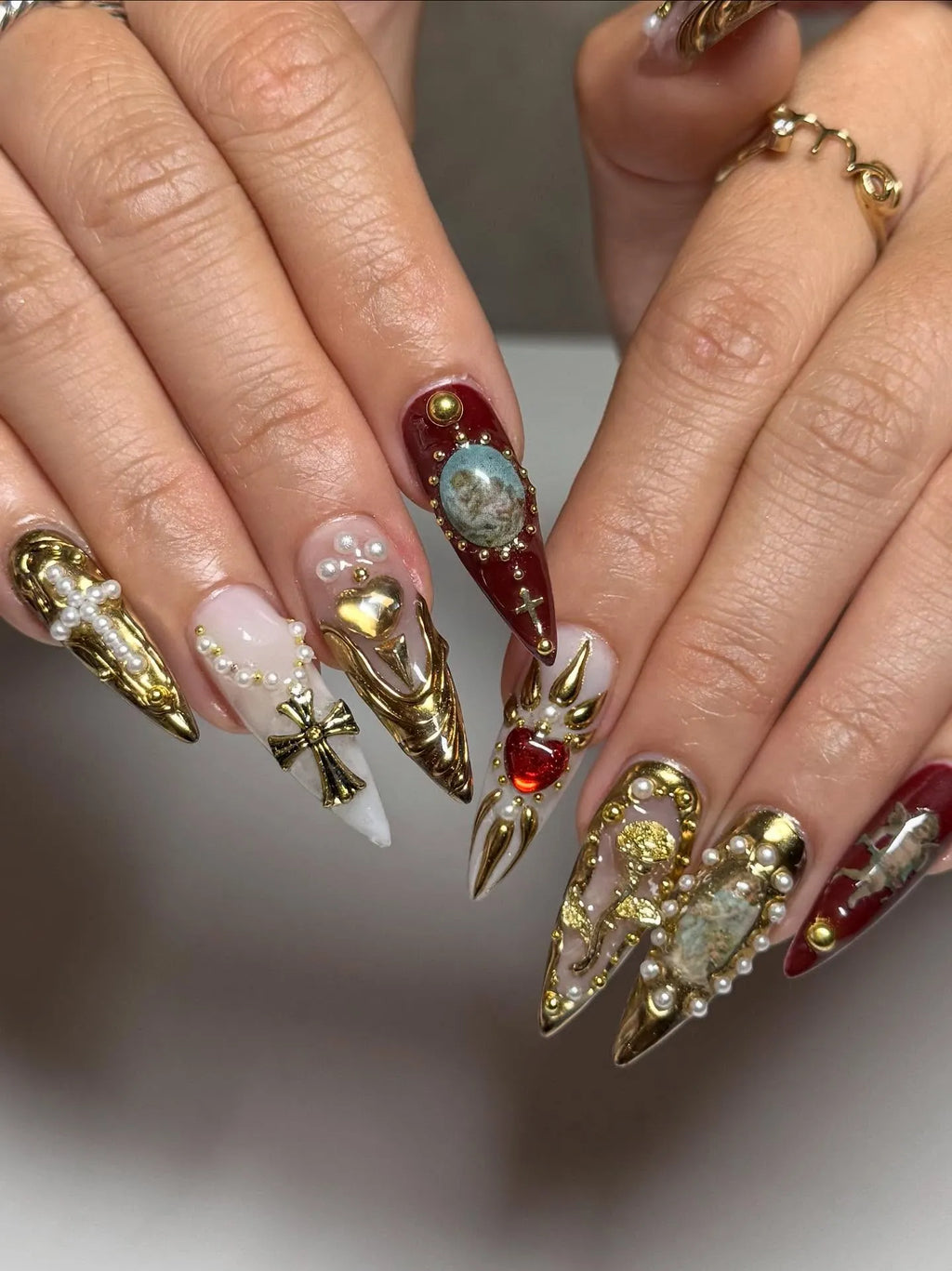 Handmade Baroque Sacred Heart Golden Cross Pearl Renaissance Press on Nails K95