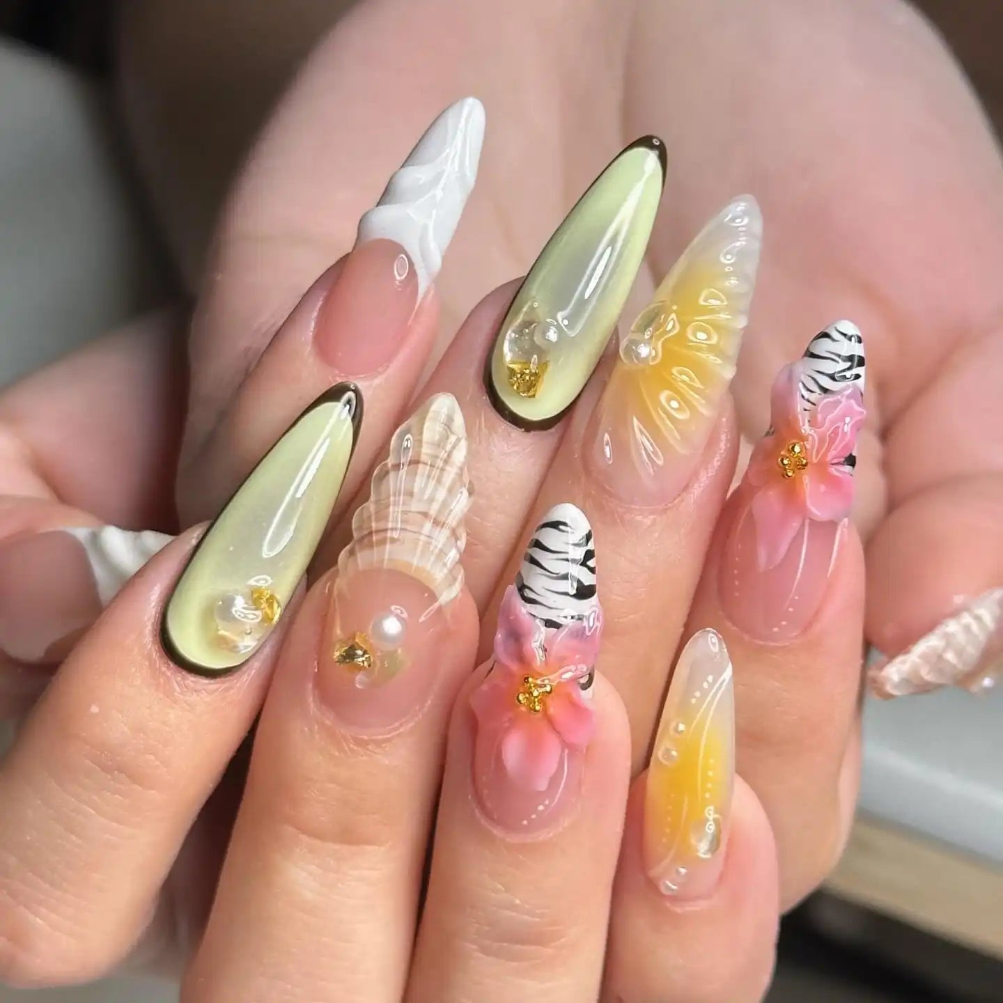 Handmade Beautiful Colorful Blossom Seashell Aura Pink Press on Nails W77
