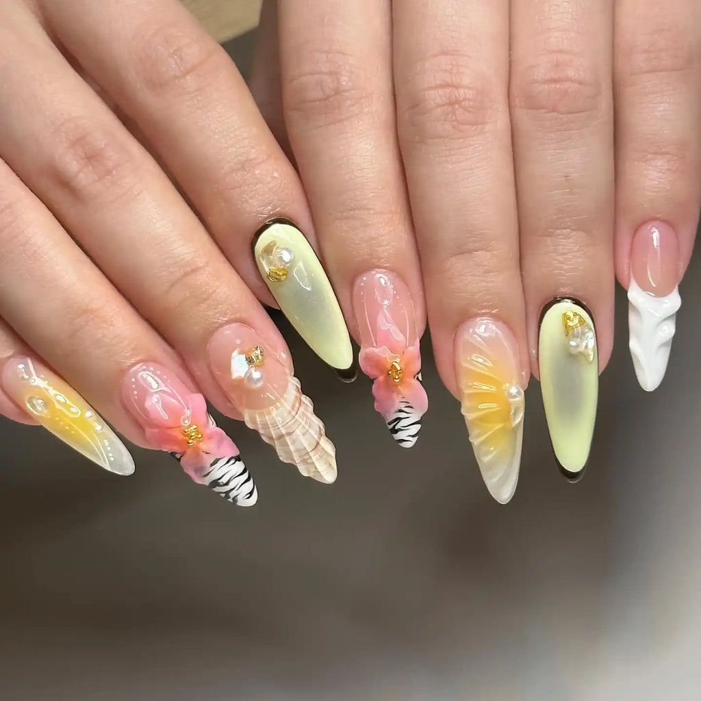 Handmade Beautiful Colorful Blossom Seashell Aura Pink Press on Nails W77