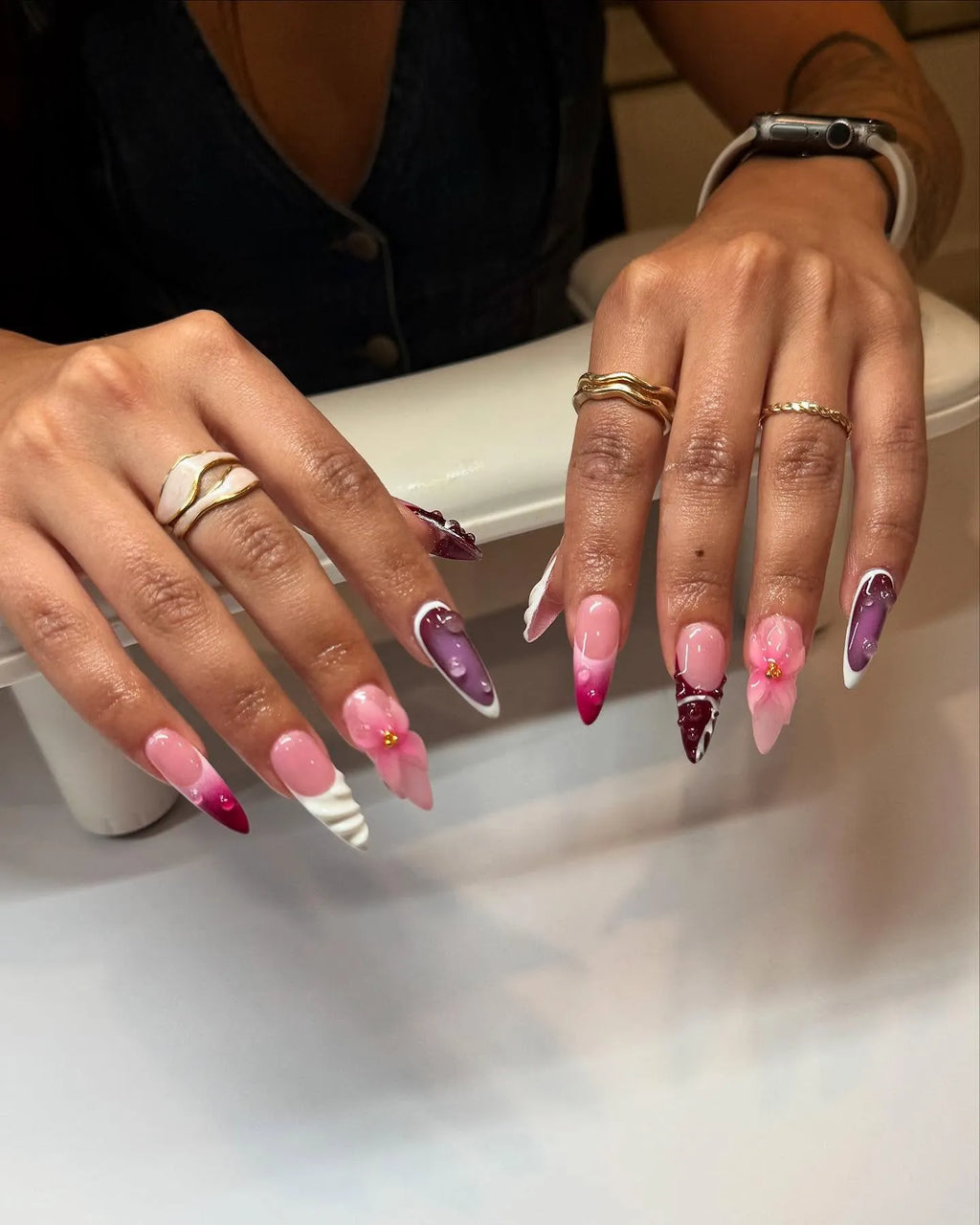Handmade Berry Ombre Water Drop 3D Floral White French Tip Press on Nails T02