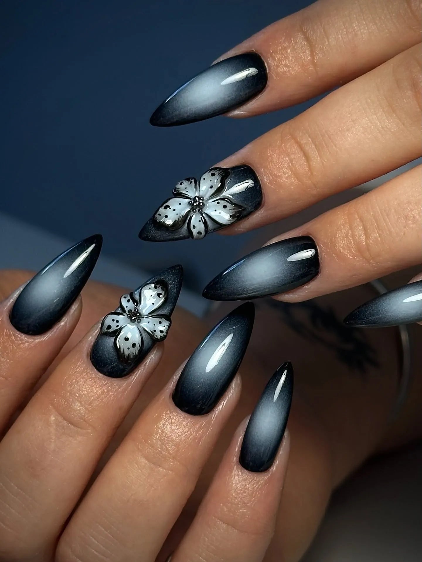 Handmade Black Aura 3D Floral Gothic Chic Edgy Glam Press on Nails T23