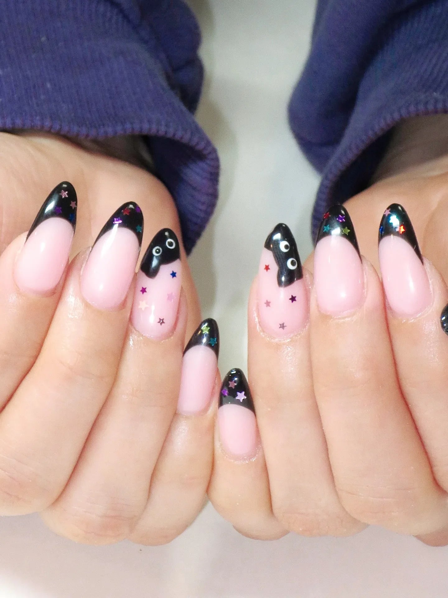 Handmade Black Cat French Tip With Colorful Star Accents Press on Nails F68