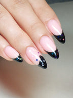 Handmade Black Cat French Tip With Colorful Star Accents Press on Nails F68