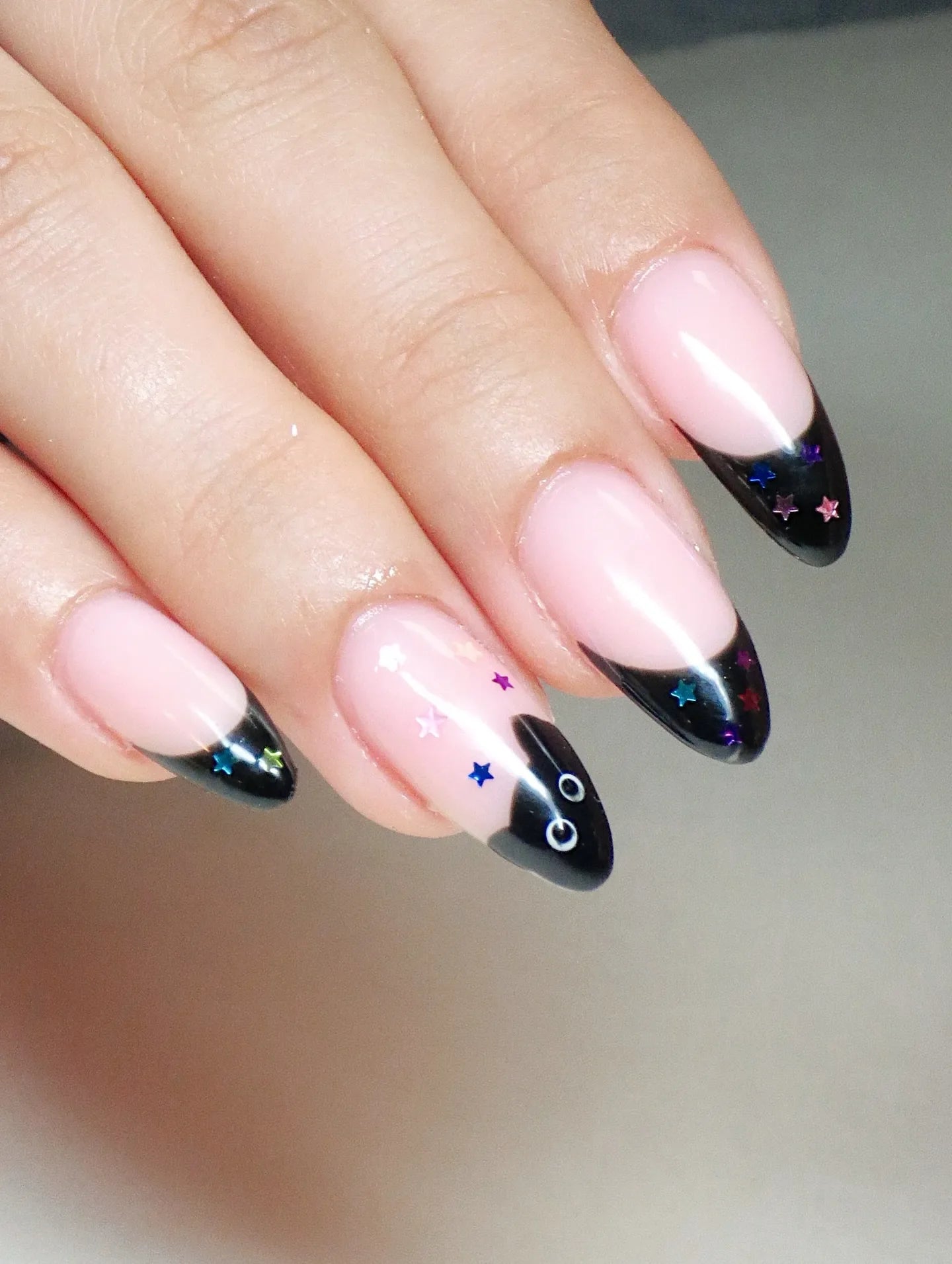 Handmade Black Cat French Tip With Colorful Star Accents Press on Nails F68