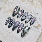 Handmade Black Cyberpunk Star Butterfly Chrome Silver Press on Nails N23