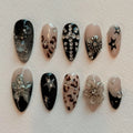 Handmade Black Nude Leopard Print Silver Charm Star Press on Nails G51
