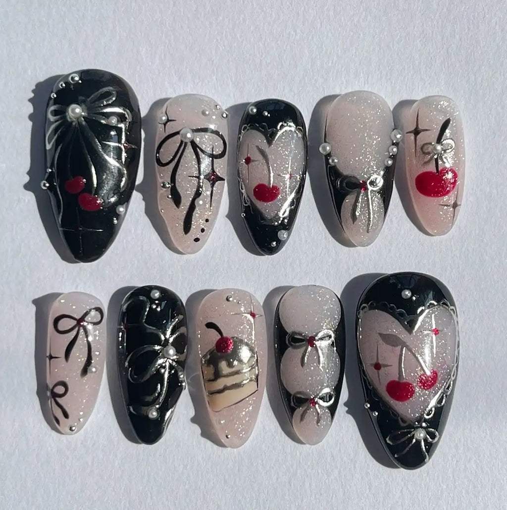 Handmade Black Pink Cherry Bow Pearl Glitter Heart Edgy Press on Nails Z69