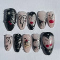 Handmade Black Pink Cherry Bow Pearl Glitter Heart Edgy Press on Nails Z69