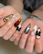 Handmade Black Ribbon 3D Flowers and Gold Press on Nails M81