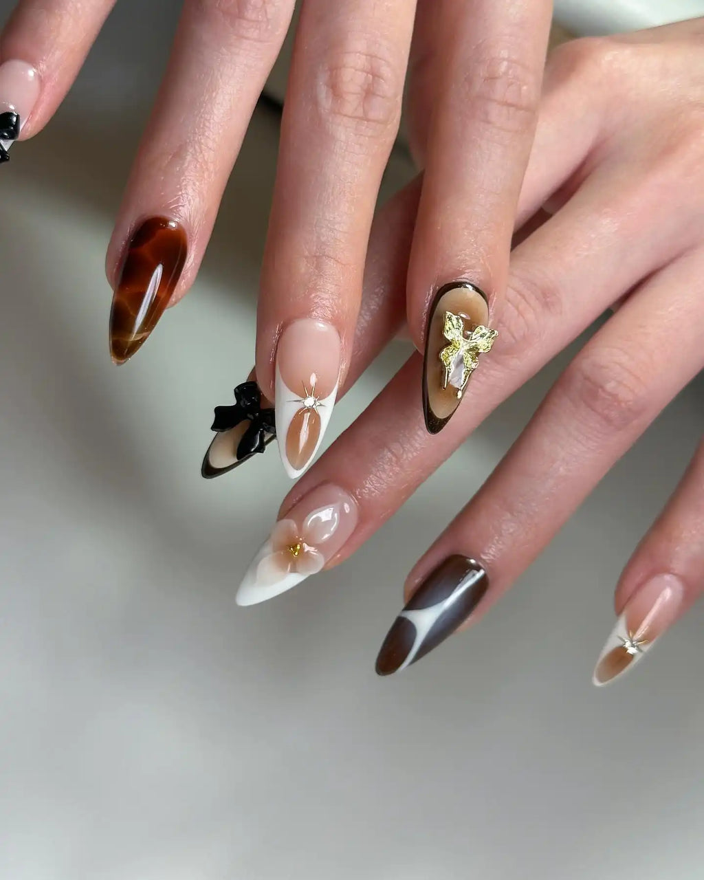 Handmade Black Ribbon 3D Flowers and Gold Press on Nails M81