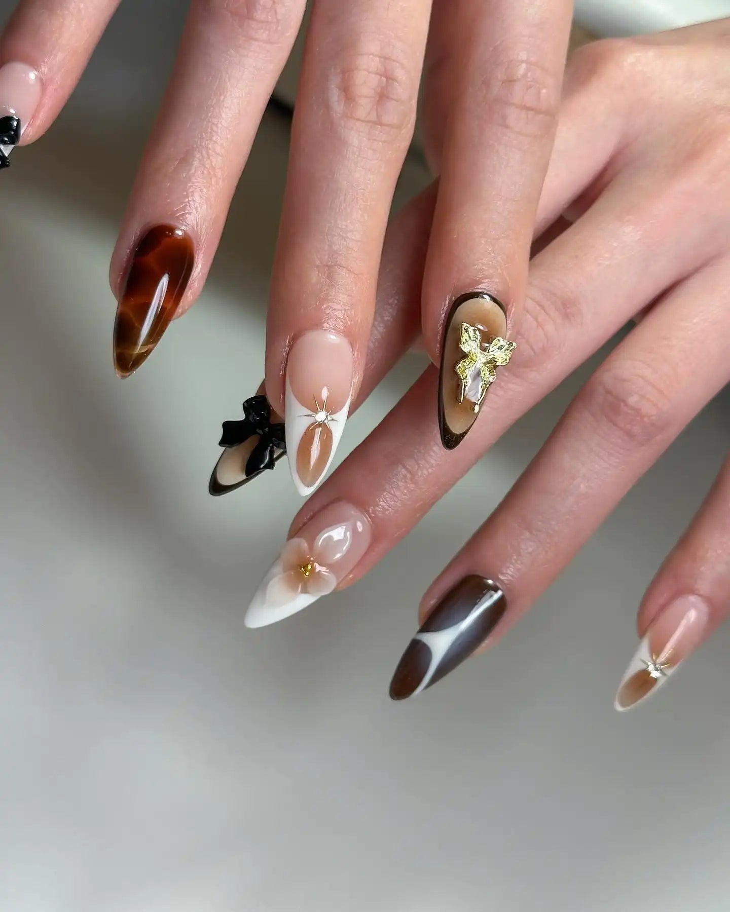 Handmade Black Ribbon 3D Flowers and Gold Press on Nails M81