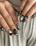 Handmade Black White Ghost Pumpkin Floral Spooky Press on Nails O40
